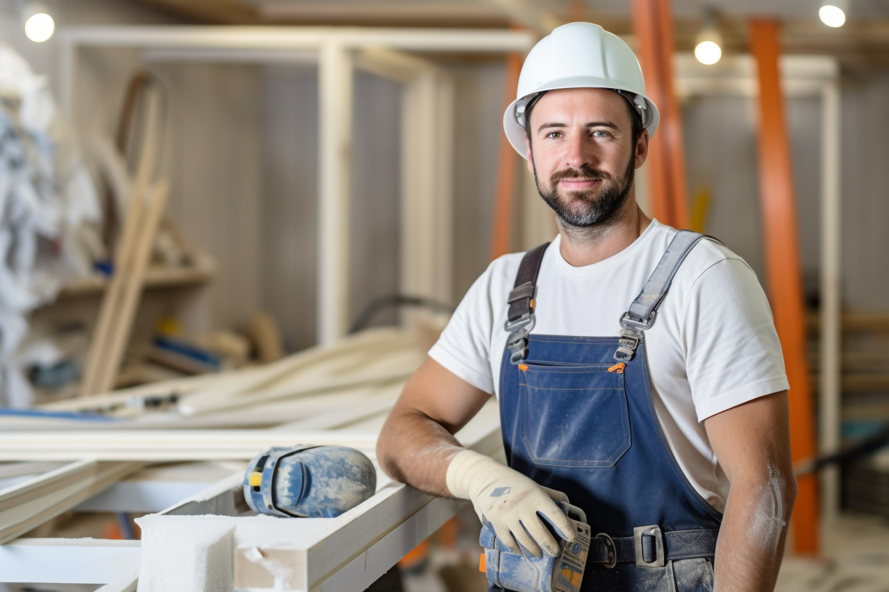 Female drywall contractor working on a blurred background