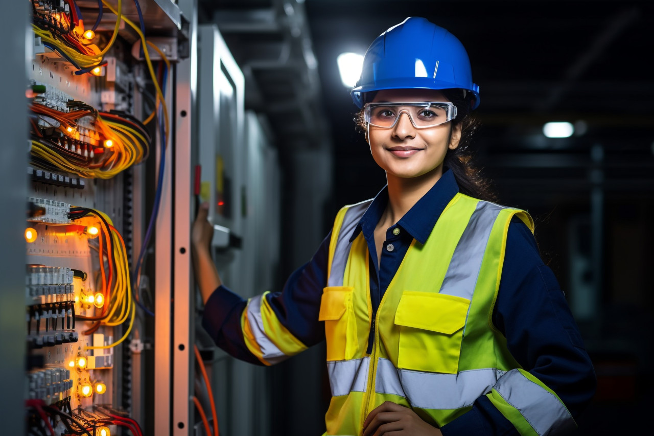 Confident indian electrician working on blurred background