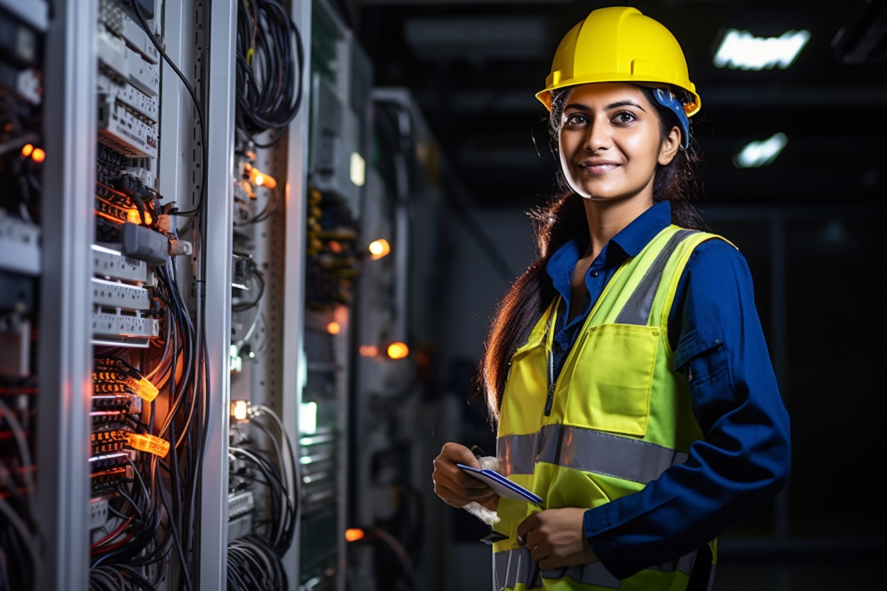Confident indian electrician working on blurred background