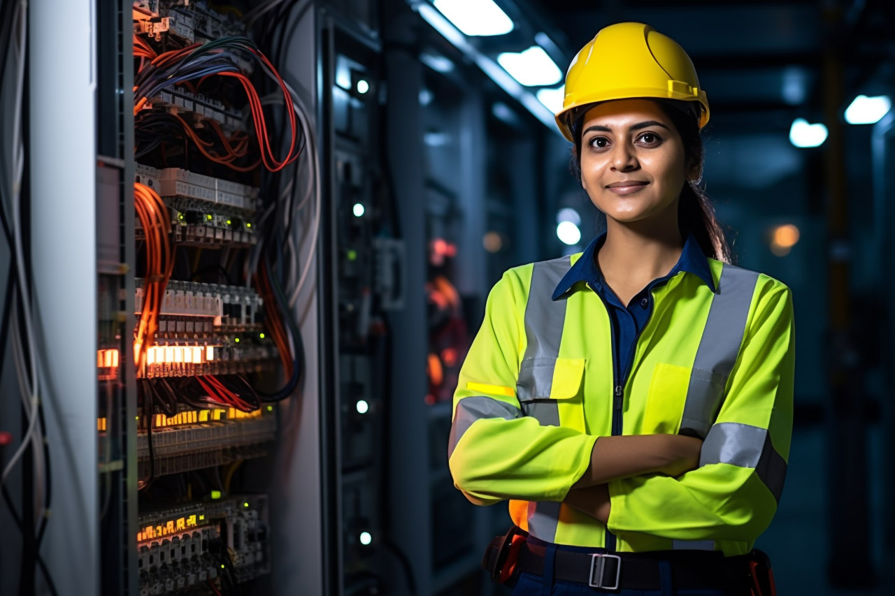 Confident indian electrician working on blurred background