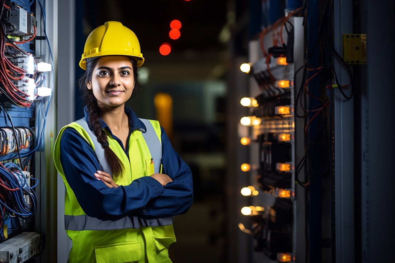 Confident indian electrician working on blurred background
