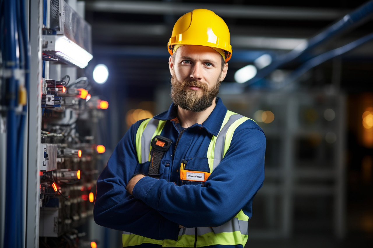 Electrician working confidently on blurry background