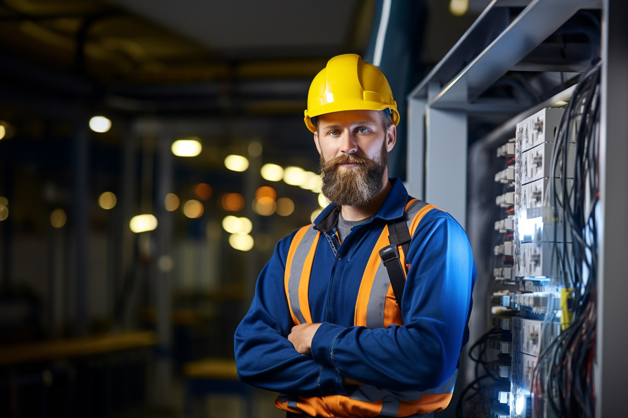 Electrician working confidently on blurry background