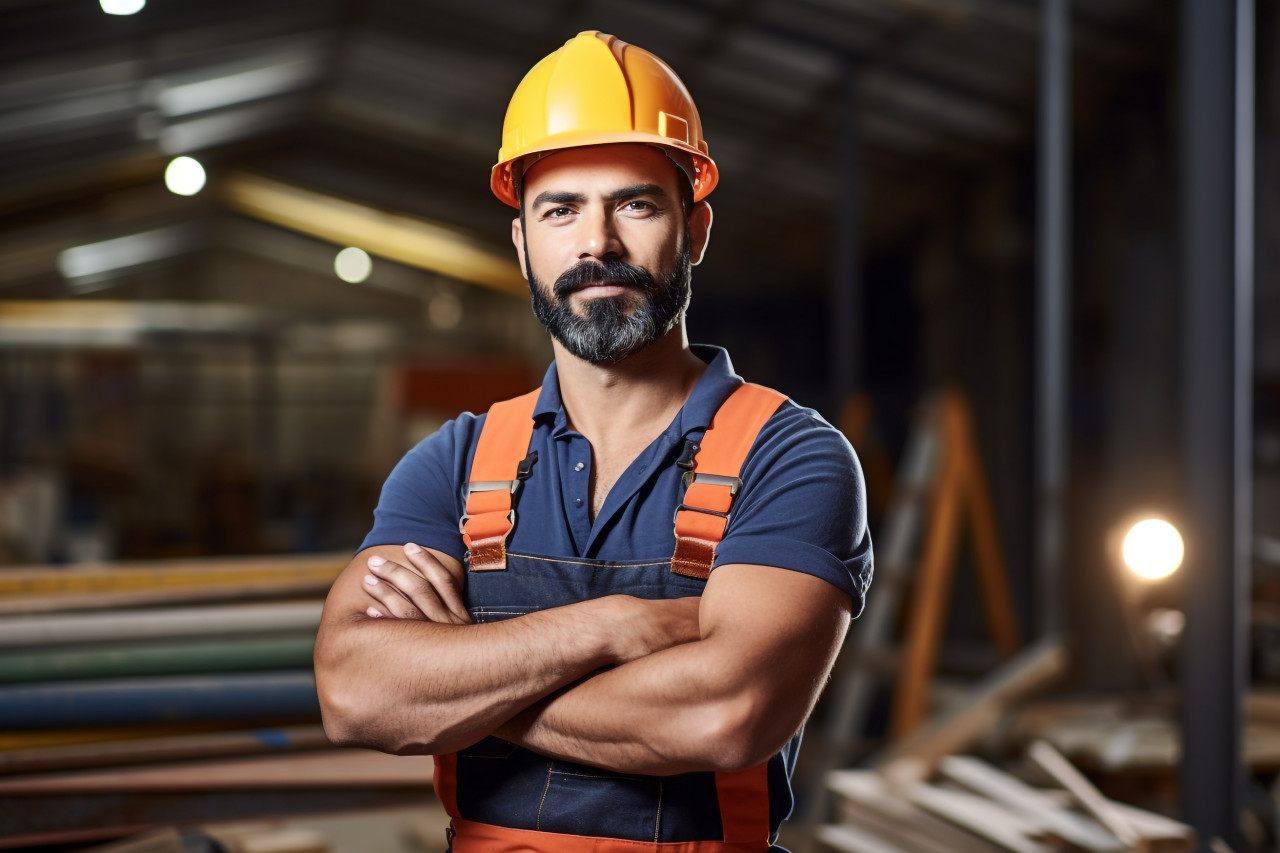 Indian construction worker working with confidence on a blurred background