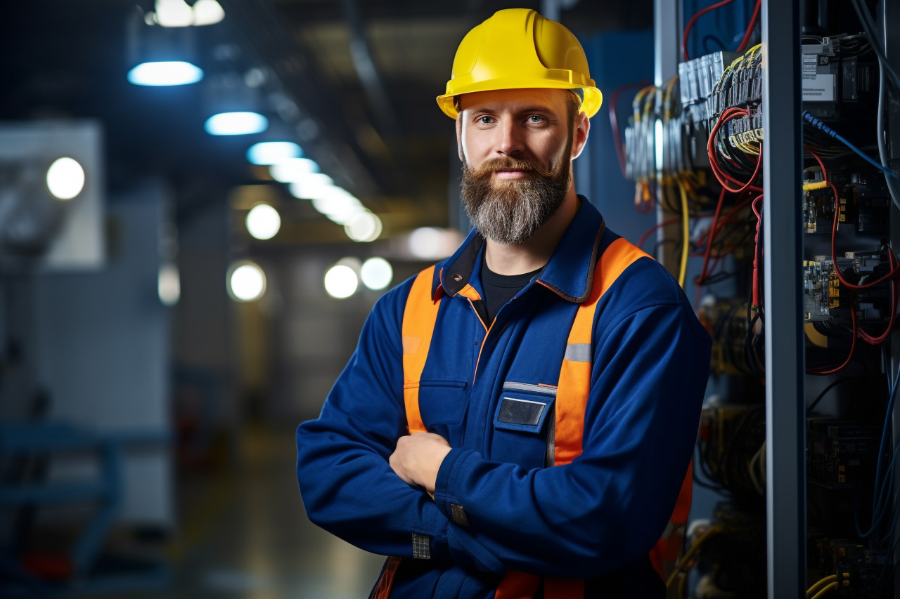 Electrician working confidently on blurry background
