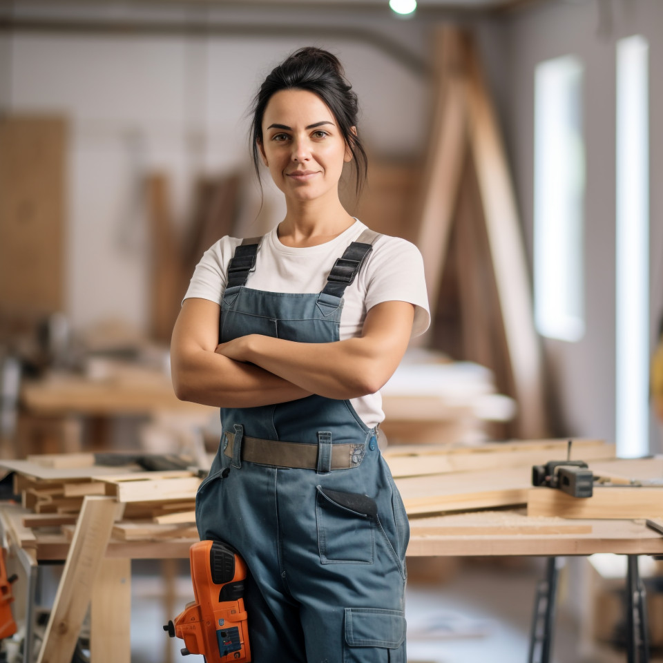 Carpenter woman working on blurred background