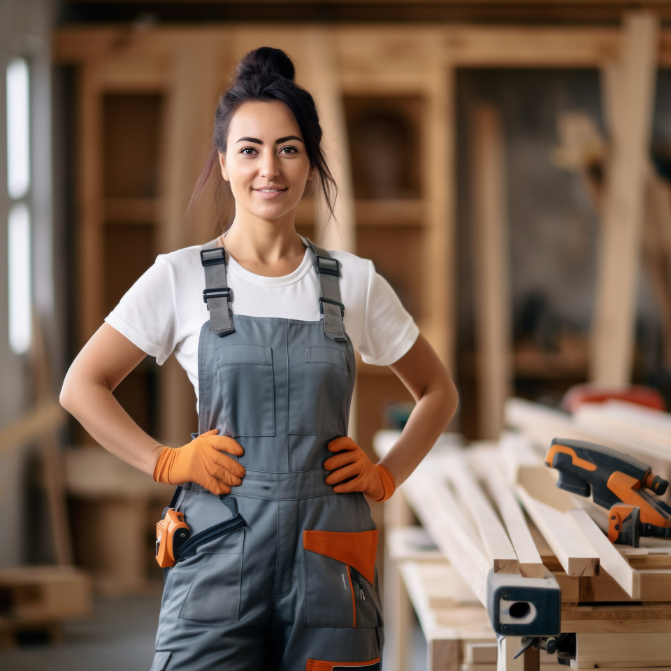 Carpenter woman working on blurred background