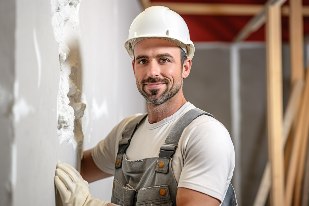 Drywall contractor working confidently blurred background