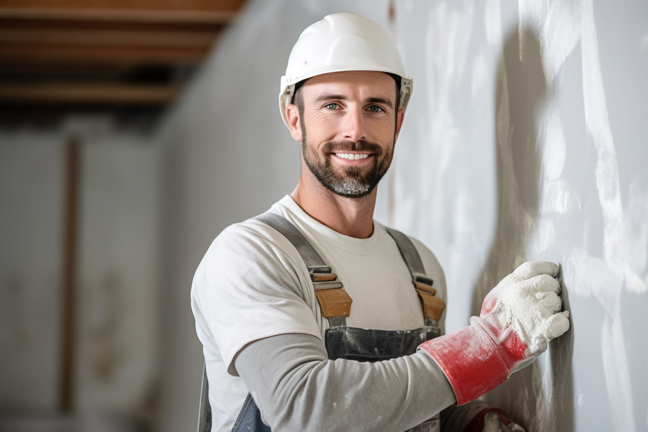 Drywall contractor working confidently blurred background