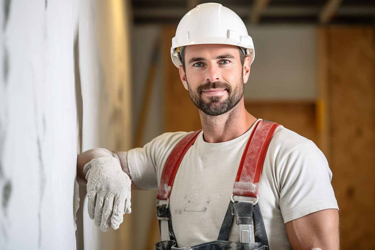 Drywall contractor working confidently blurred background