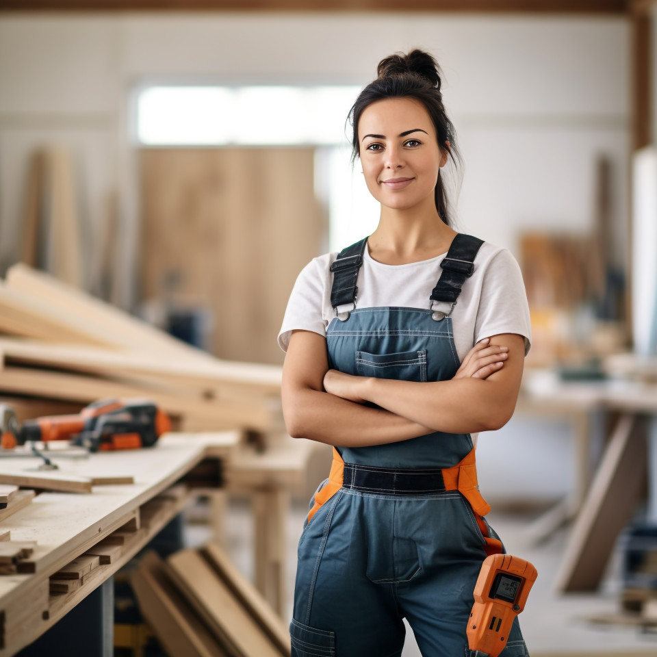Carpenter woman working on blurred background