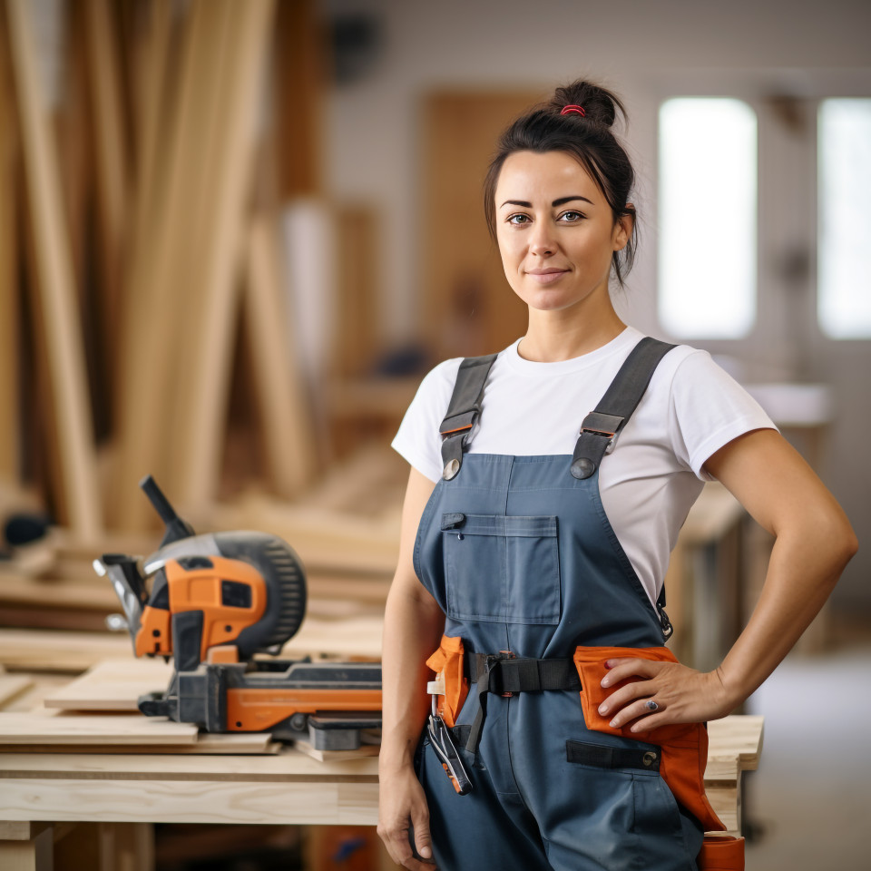 Carpenter woman working on blurred background
