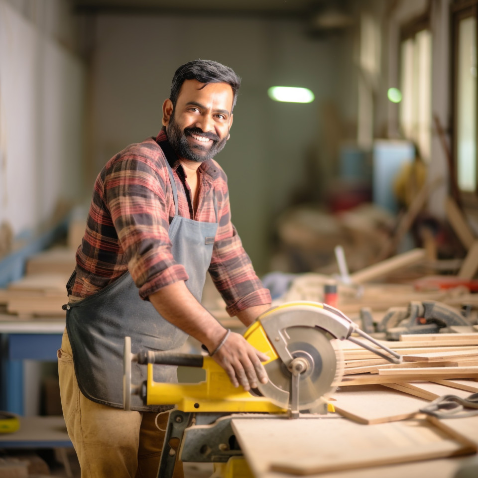 Smiling indian carpenter working on blurred background