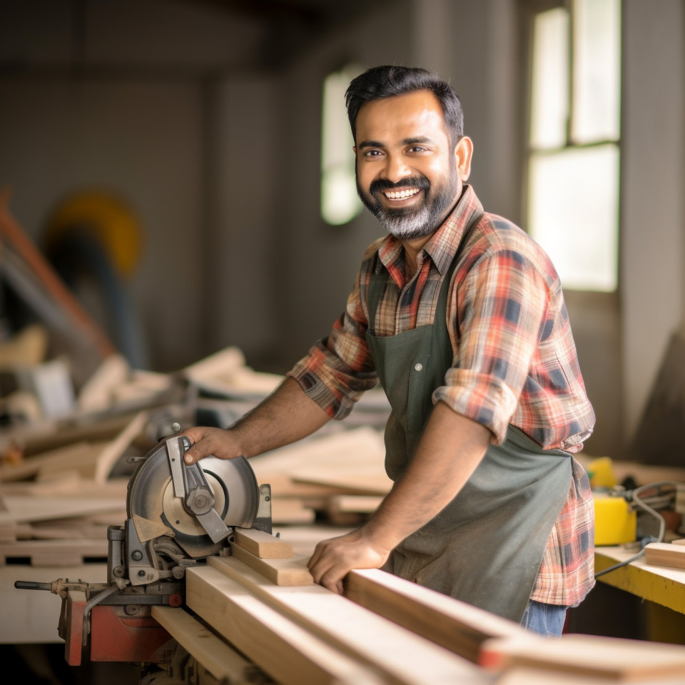 Smiling indian carpenter working on blurred background