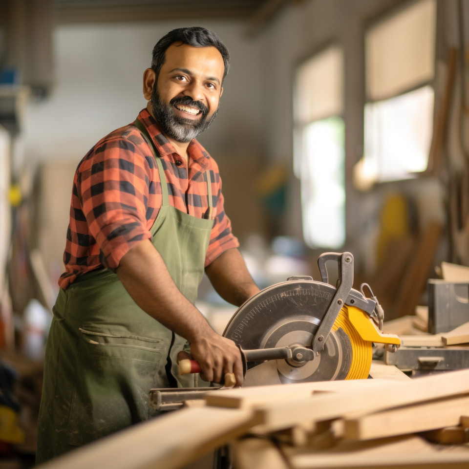 Smiling indian carpenter working on blurred background