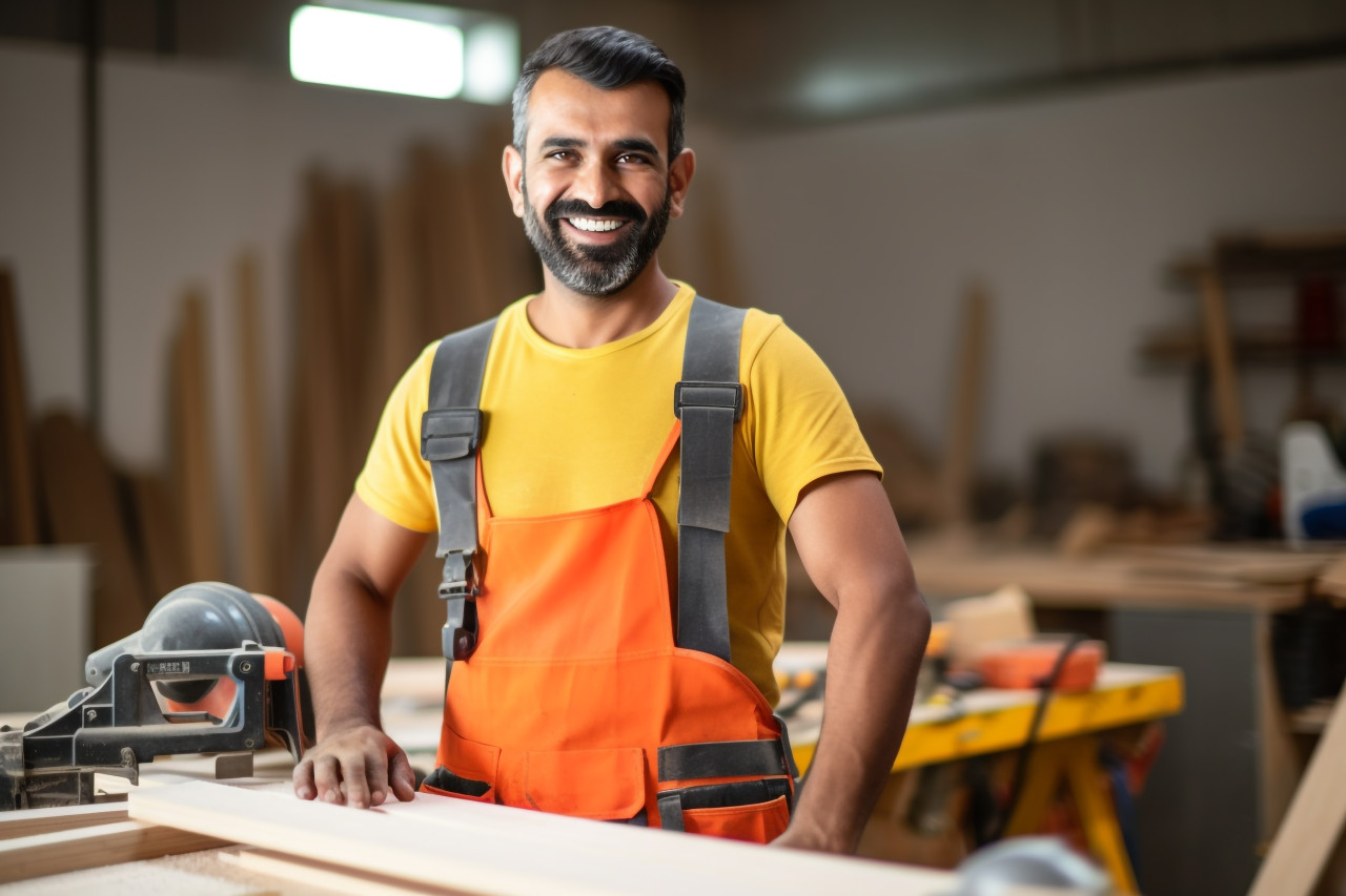 Indian carpenter working on blurred background