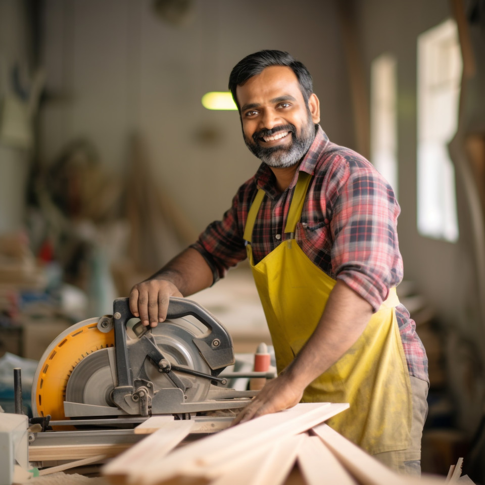 Smiling indian carpenter working on blurred background