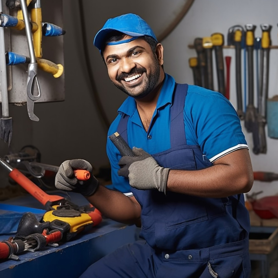 Indian plumber smiling and working on blurred background