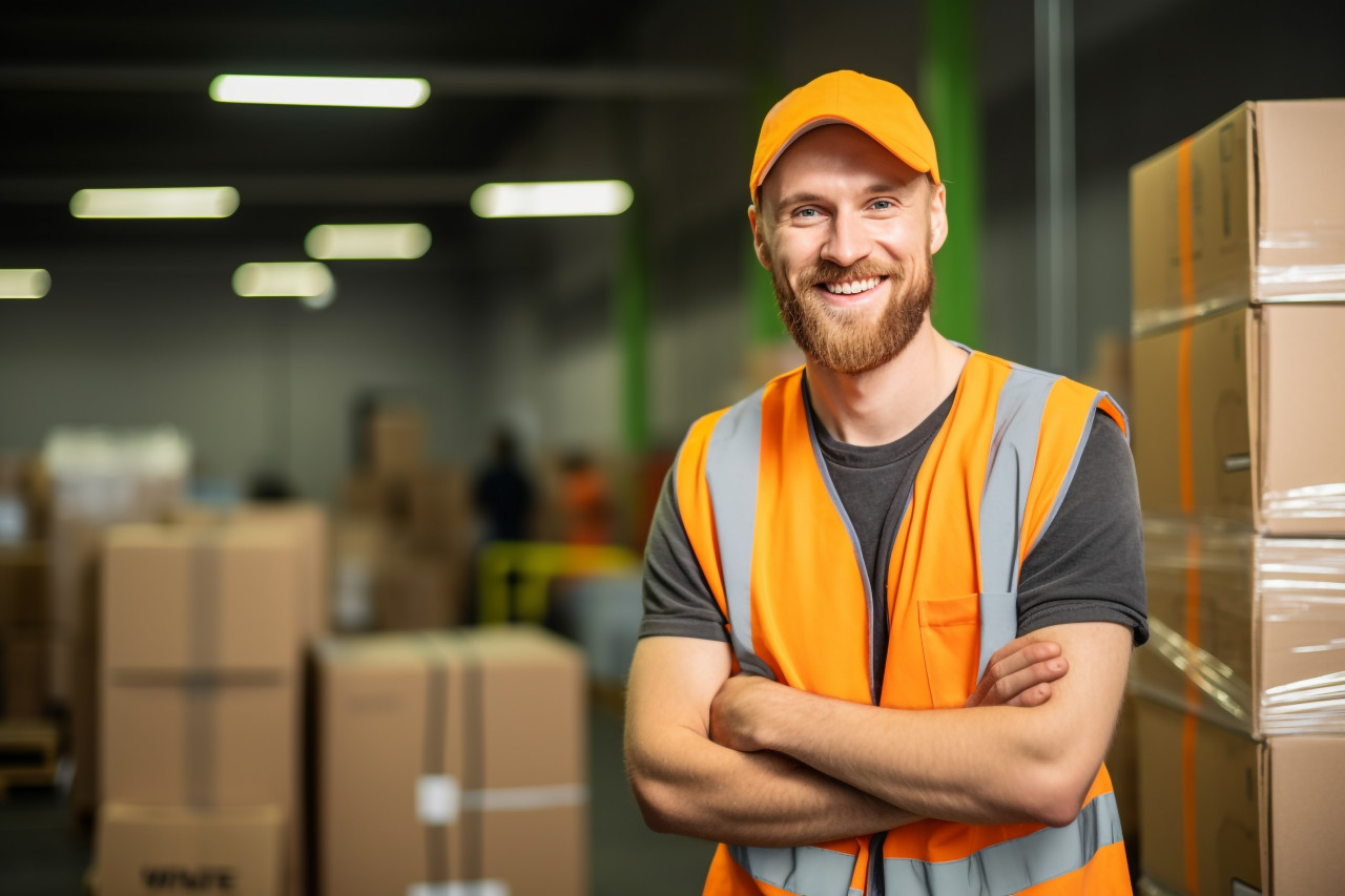 Smiling mason working on blurred background