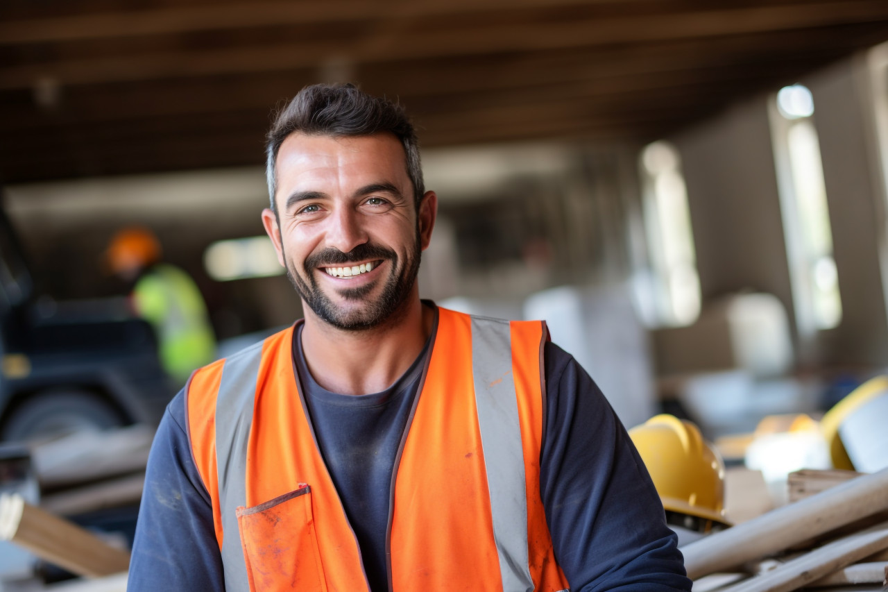 Smiling construction worker at work on blurred background