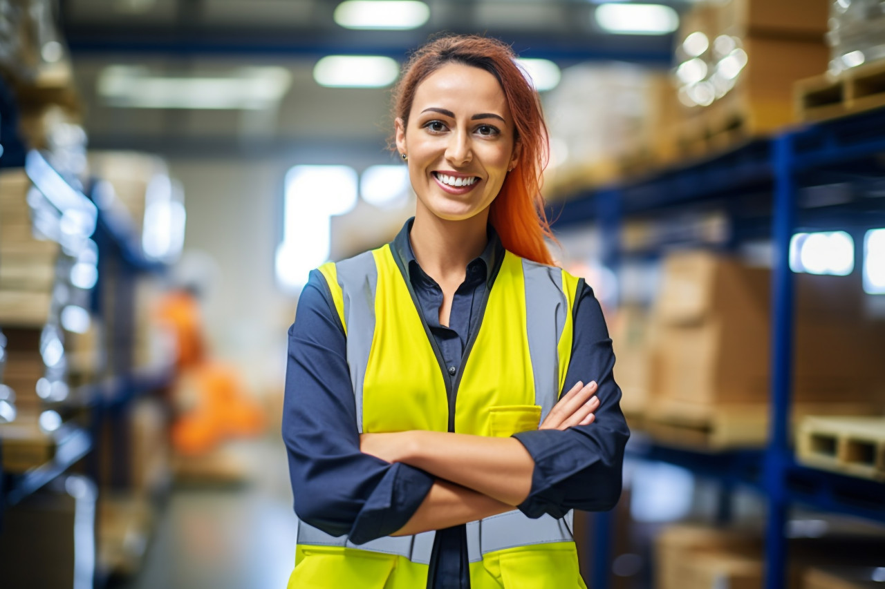 Smiling female glazier working on blurred background