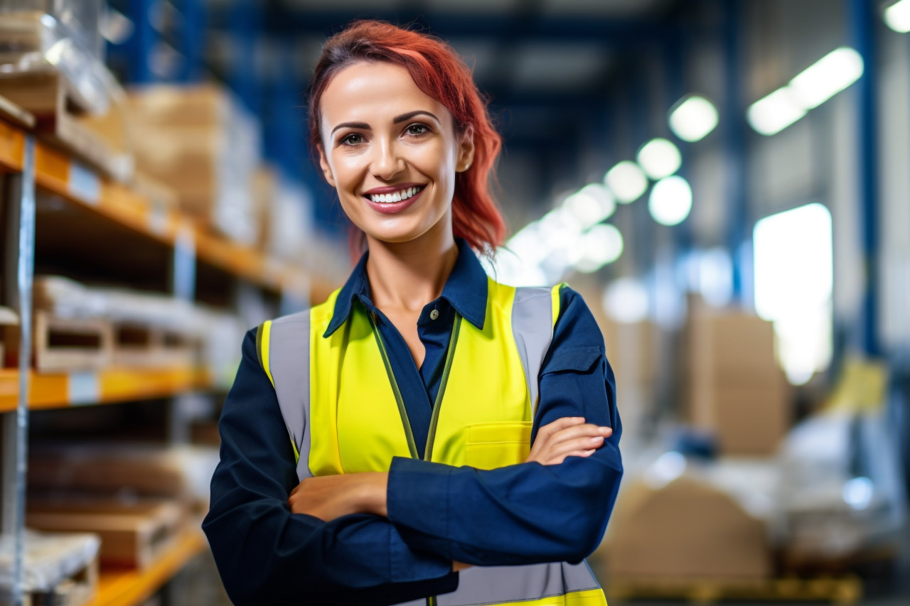Smiling female glazier working on blurred background