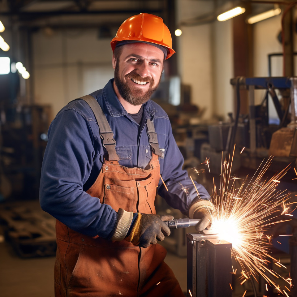 Smiling welder working on blurred background