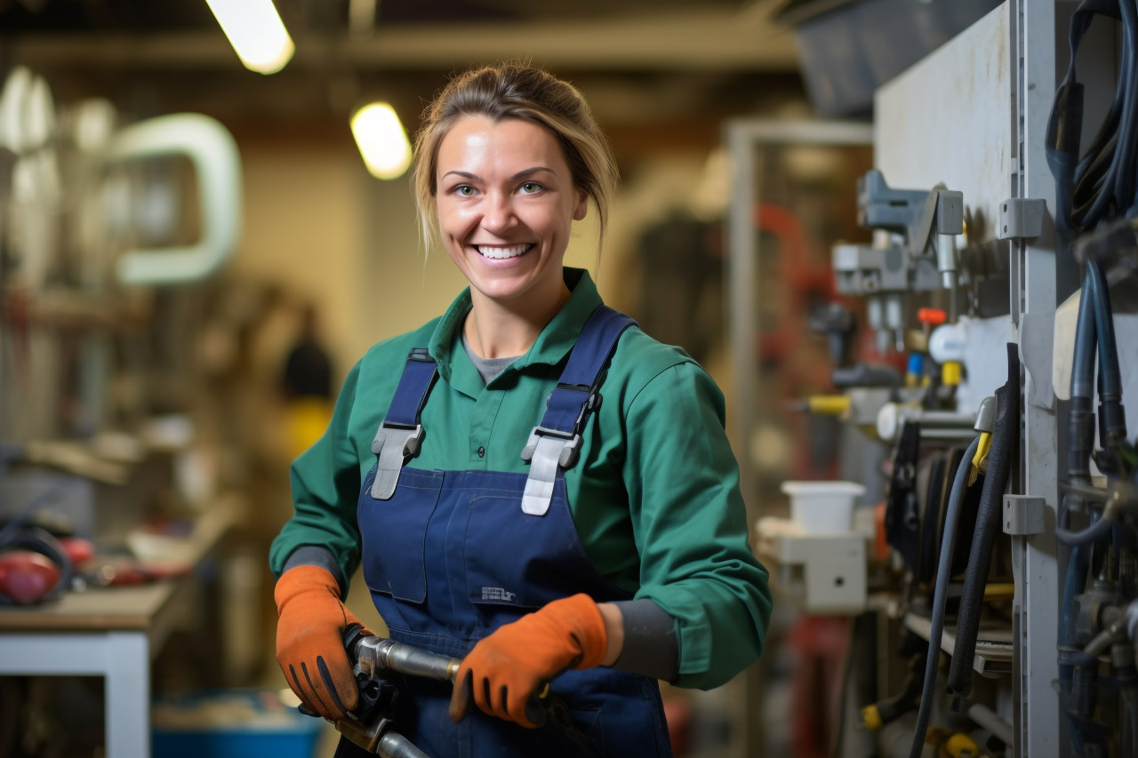 Female plumber smiling at work blurred background