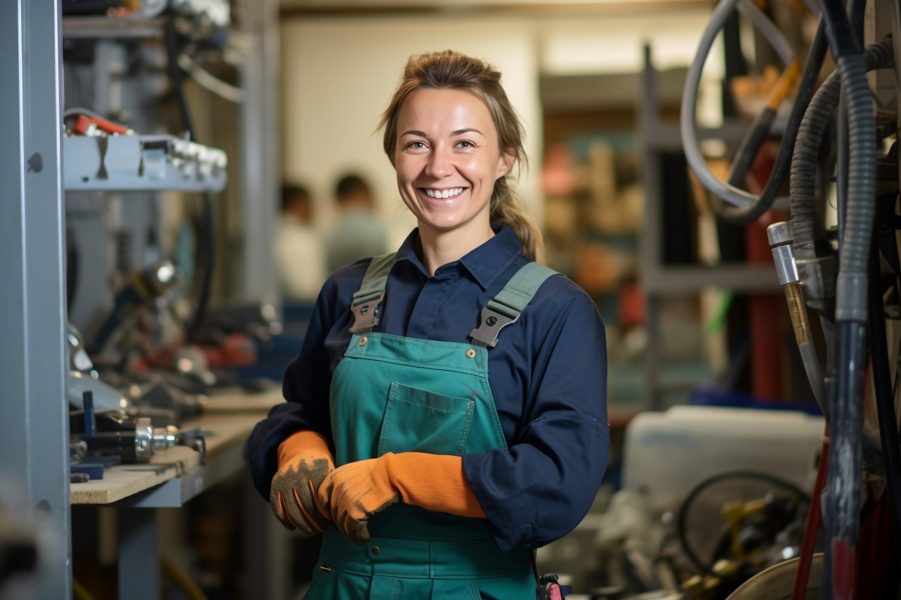 Female plumber smiling at work blurred background