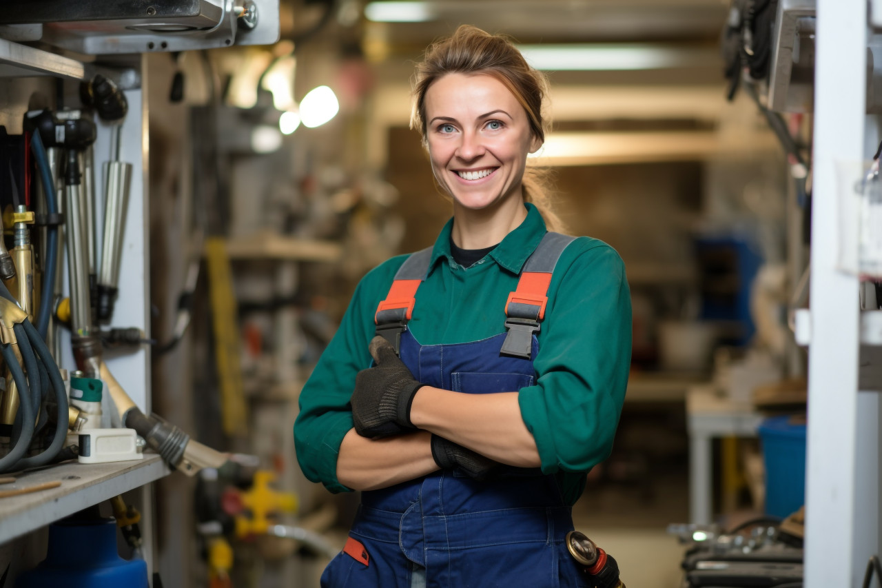 Female plumber smiling at work blurred background