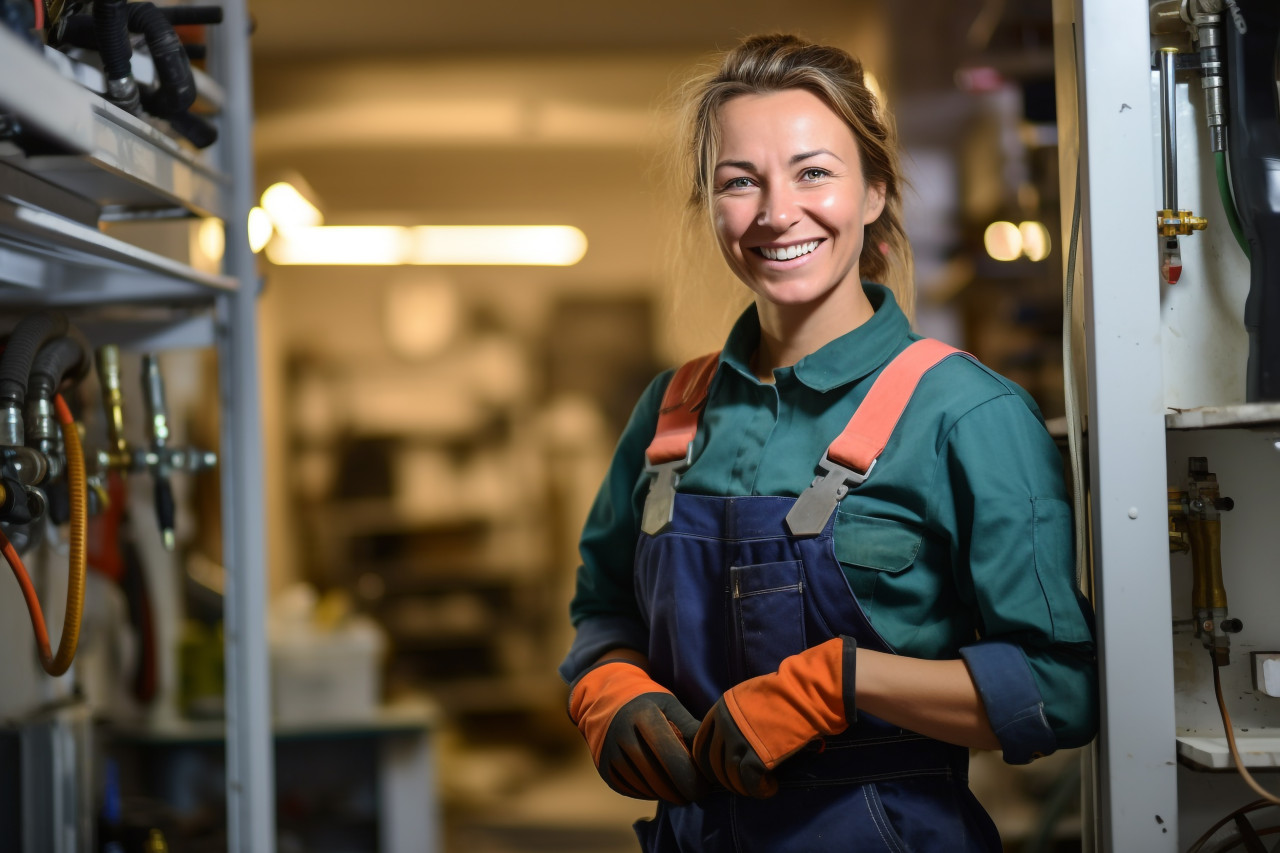 Female plumber smiling at work blurred background