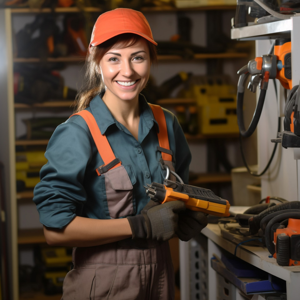 Smiling woman plumber at work