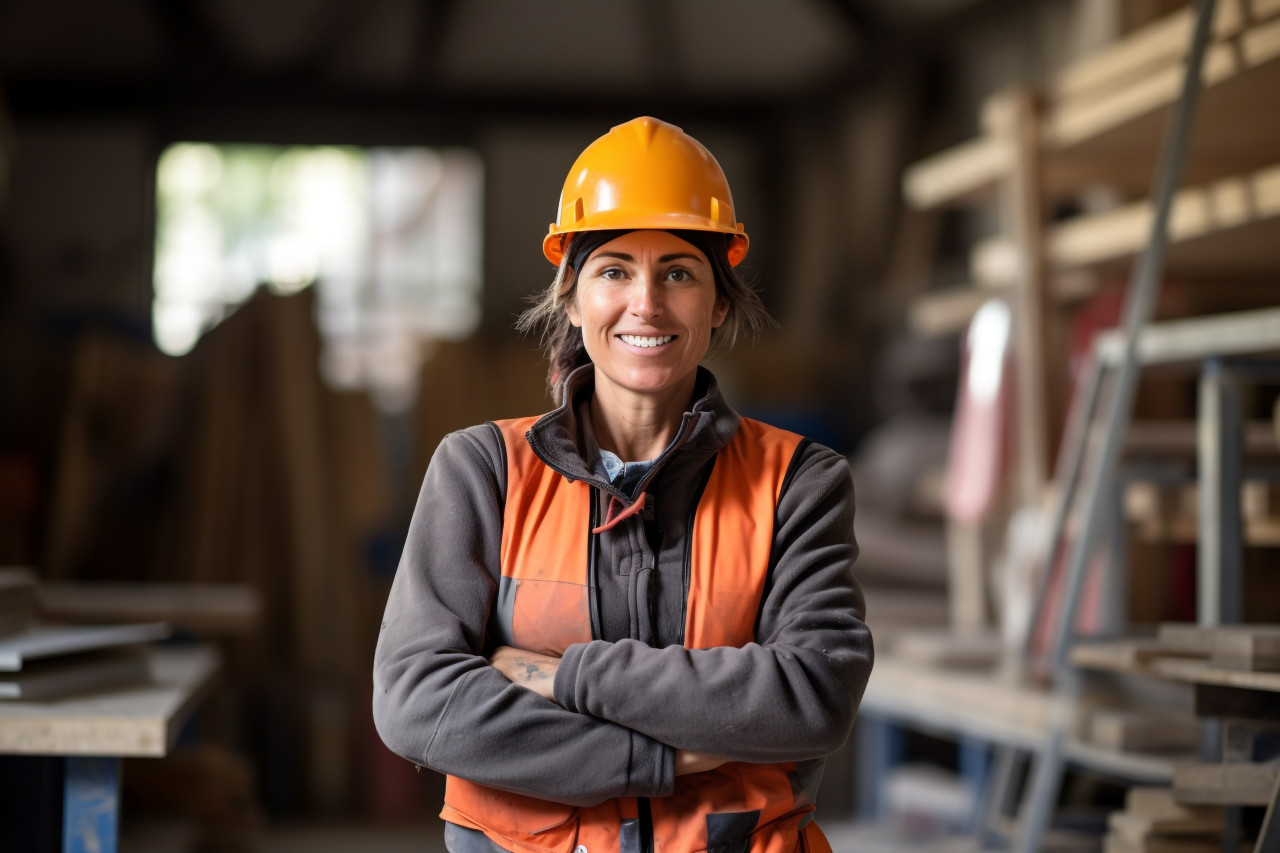 Happy female construction worker smiling on blurred