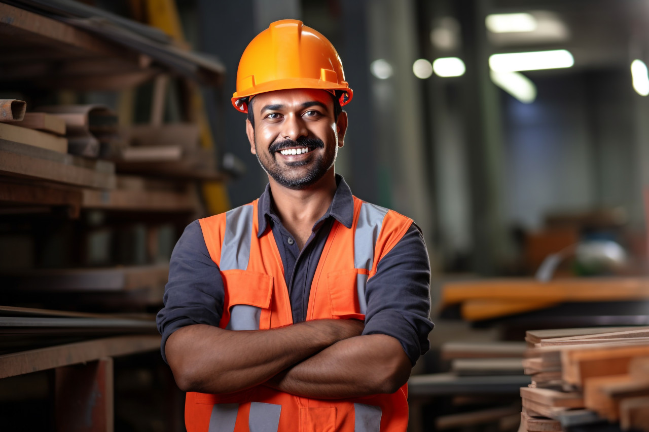 Smiling indian construction worker on blurred background