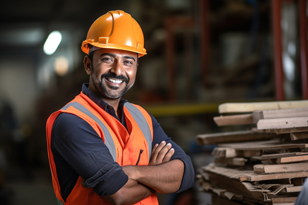 Smiling indian construction worker on blurred background