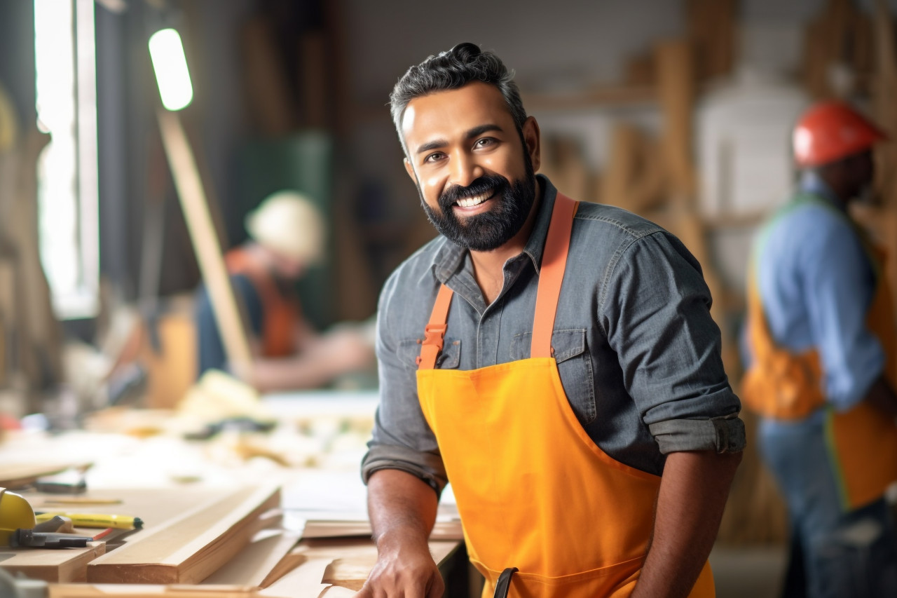 Smiling indian mason working blurred background