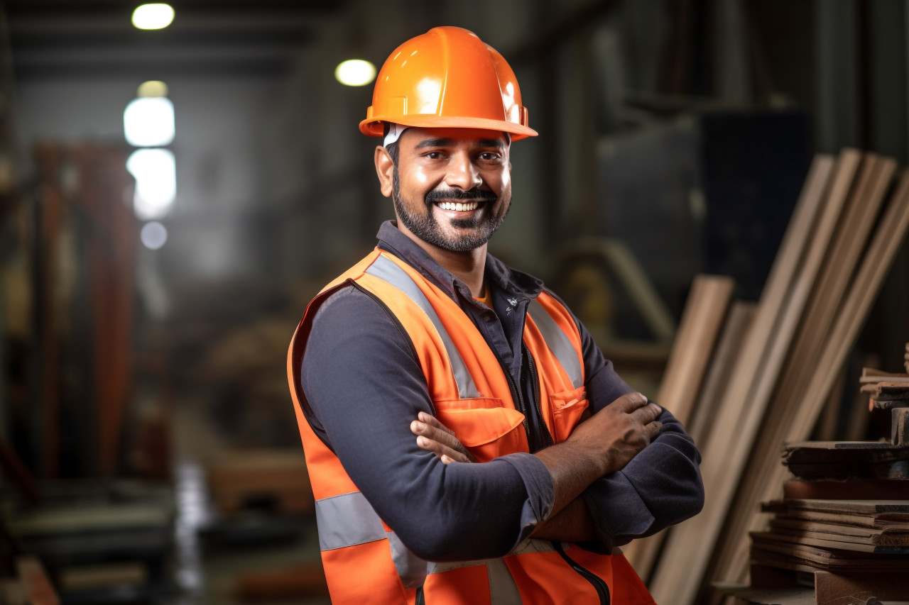 Smiling indian construction worker on blurred background