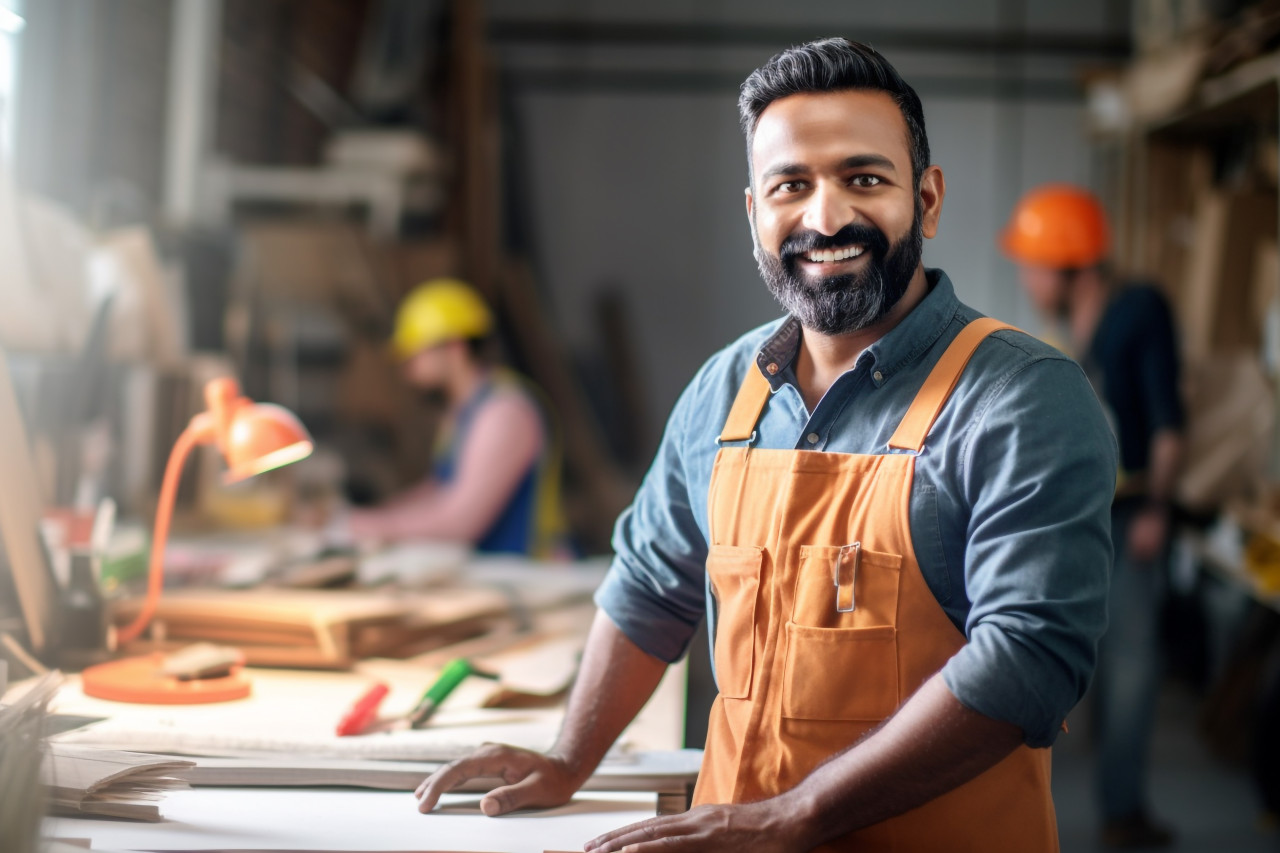 Smiling indian mason working blurred background
