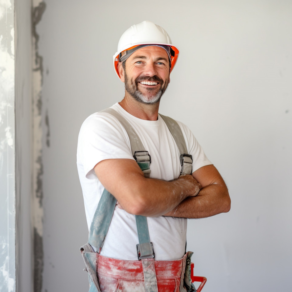 Drywall contractor working on blurred background
