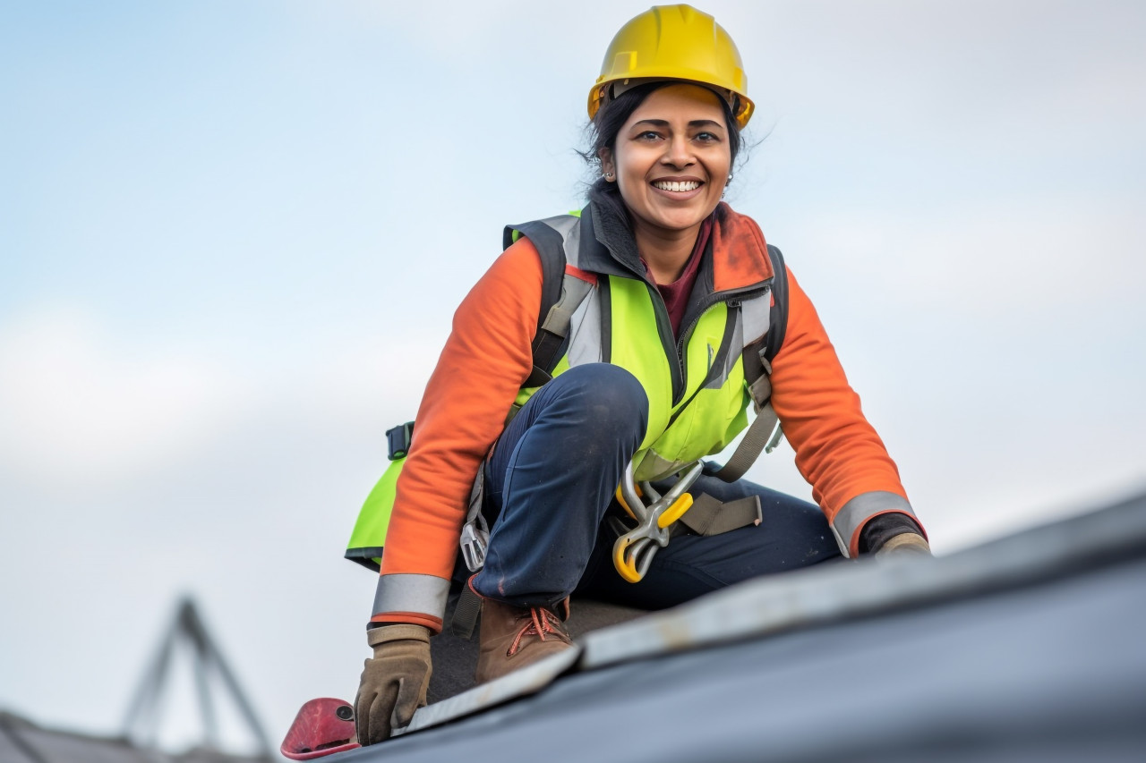 Smiling indian female roofer working on blurred background