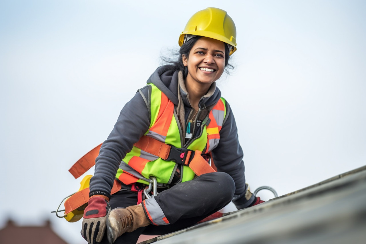 Smiling indian female roofer working on blurred background