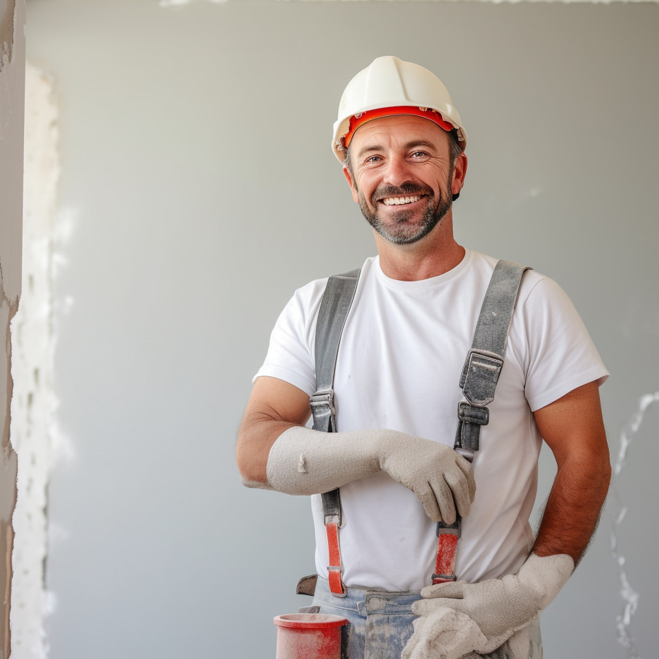 Drywall contractor working on blurred background