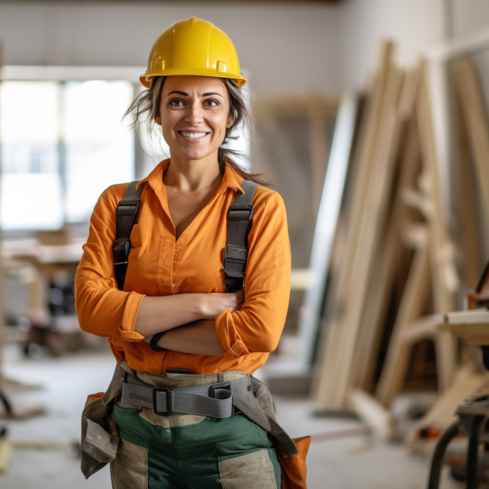Woman builder working on blurred background