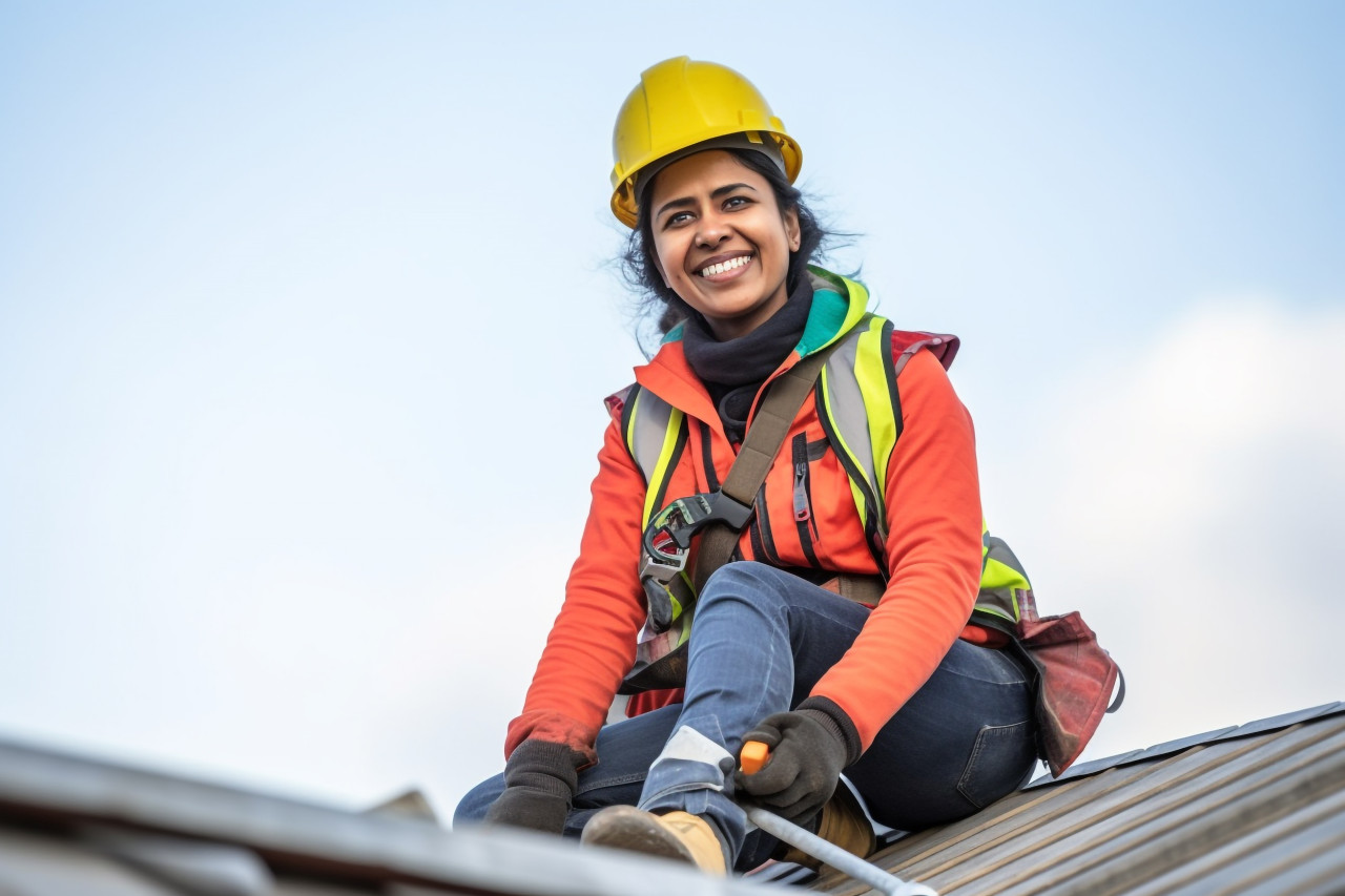 Smiling indian female roofer working on blurred background