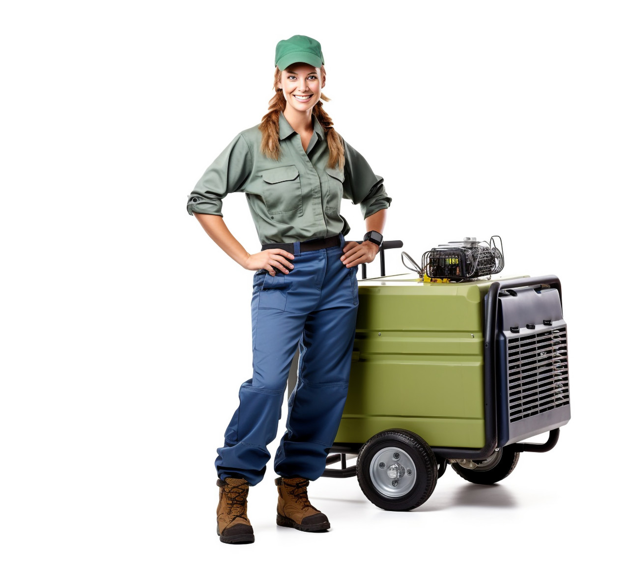 Smiling hvac technician woman on white background