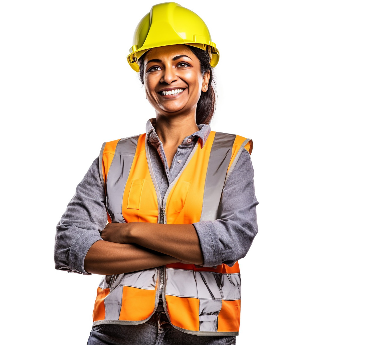 Indian woman construction worker smiling on a white background