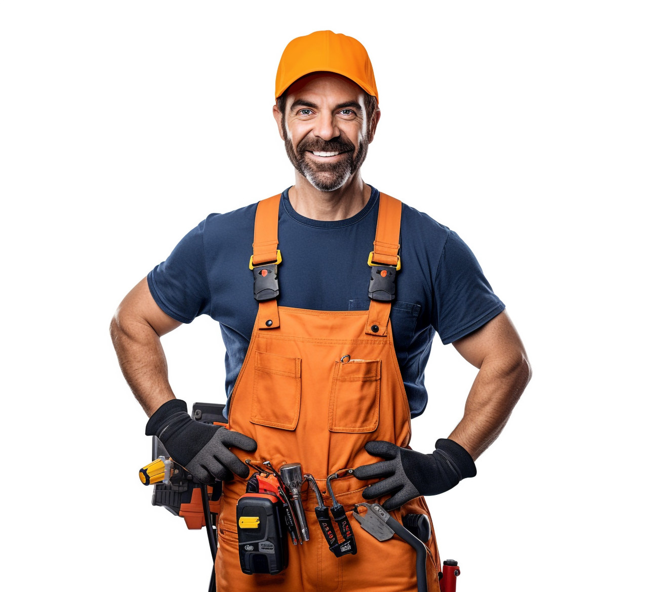 Friendly smiling electrician on white background
