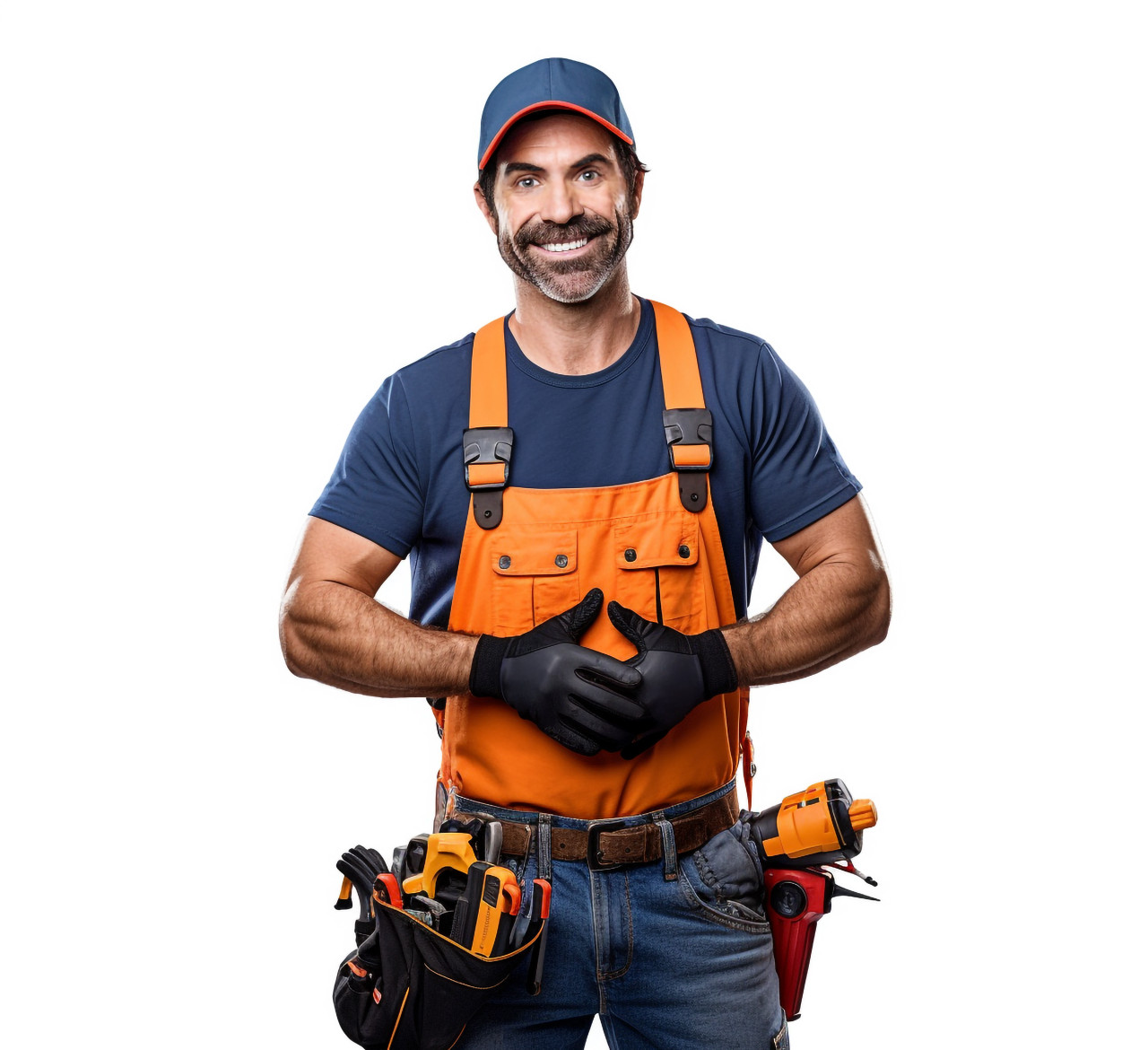 Friendly smiling electrician on white background