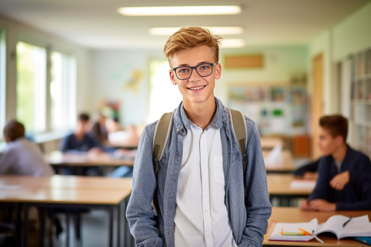 Confident middle school boy working on blurred background
