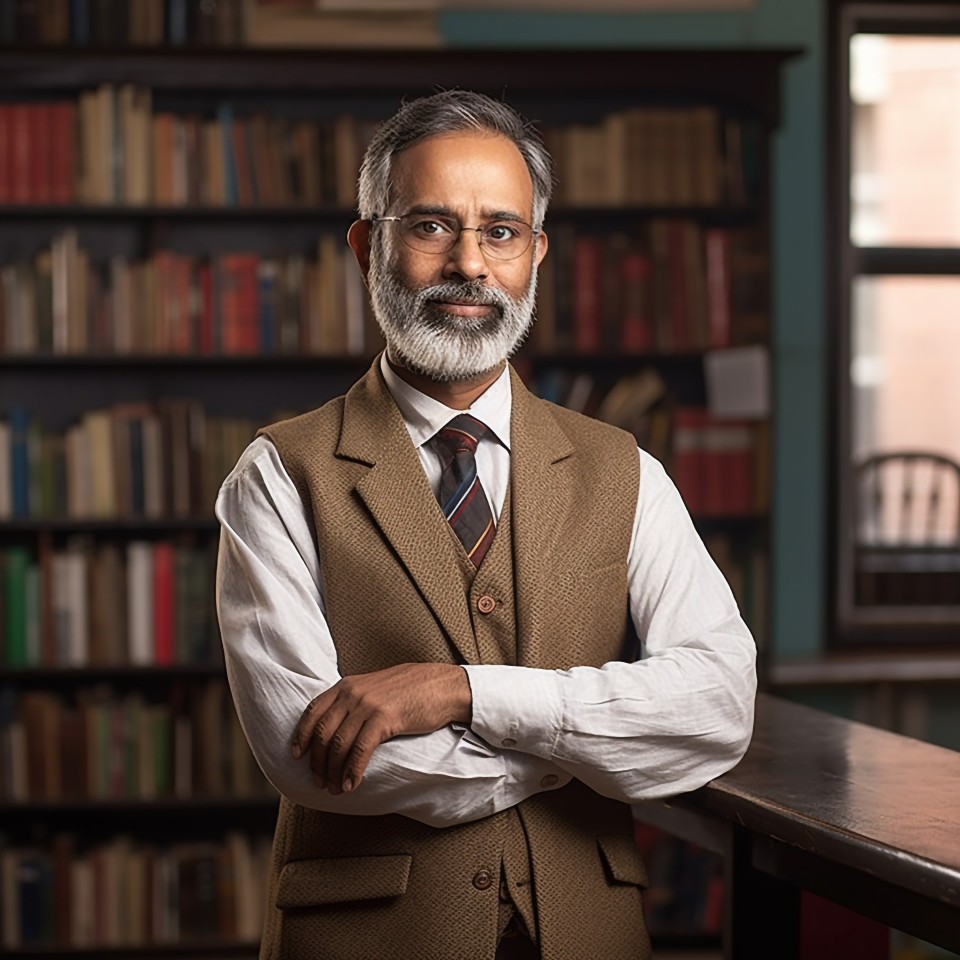 Indian professor working confidently in blurred background